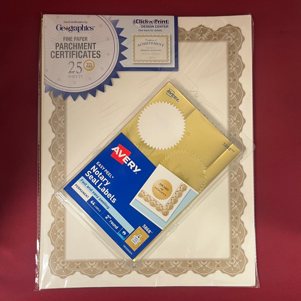 Geographics Fine Paper Parchment Certificates & Avery Notary Seal Labels